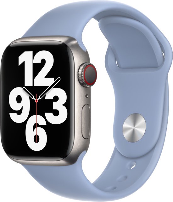 Apple Watch met een blauwgroen sportbandje en een zilverkleurige kast.