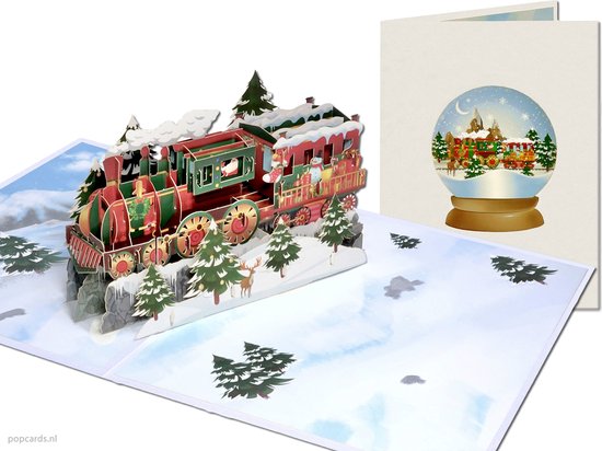 Popcards pop-up kaart – Kerstkaart Stoomlocomotief met kerstcadeautjes door besneeuwd dennenbos Trein Locomotief pop-up kaart 3D wenskaart