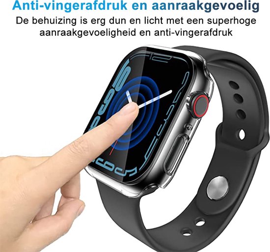 Een vinger raakt het scherm van een Apple Watch aan, beschermd door een dun horlogekastje.