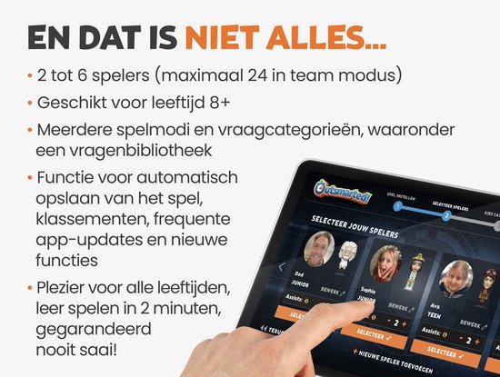 Een tablet toont het spel Outsmarted! met een scherm om spelers te selecteren.