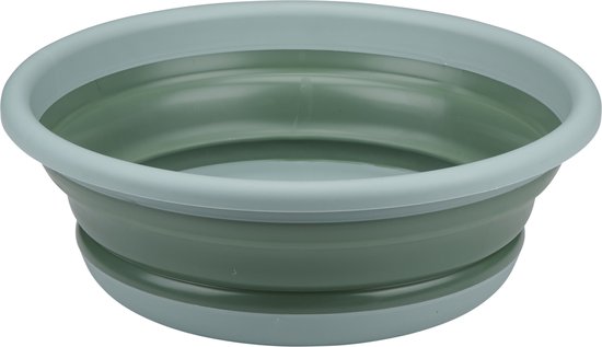 Seau pliable vert avec bord gris clair, en plastique.