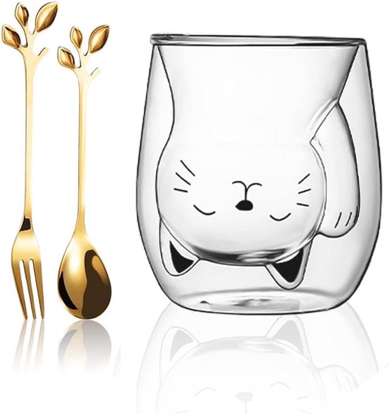 Schattige kattenmok, dubbelwandige kattenmok met kattenmotief en lepel. Een ideaal
