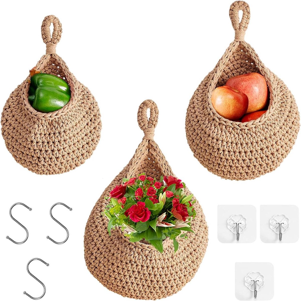 Hangende fruitmand handgeweven katoen muurstickers en haken keuken woonkamer slaapkamer jute