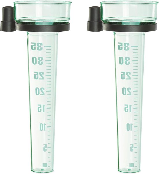 Foto: Set van 2 regenmeters voor in de tuin neerslagmeter met maatstrepen tot 35 mm m kunststof pluviometer in groen zwart