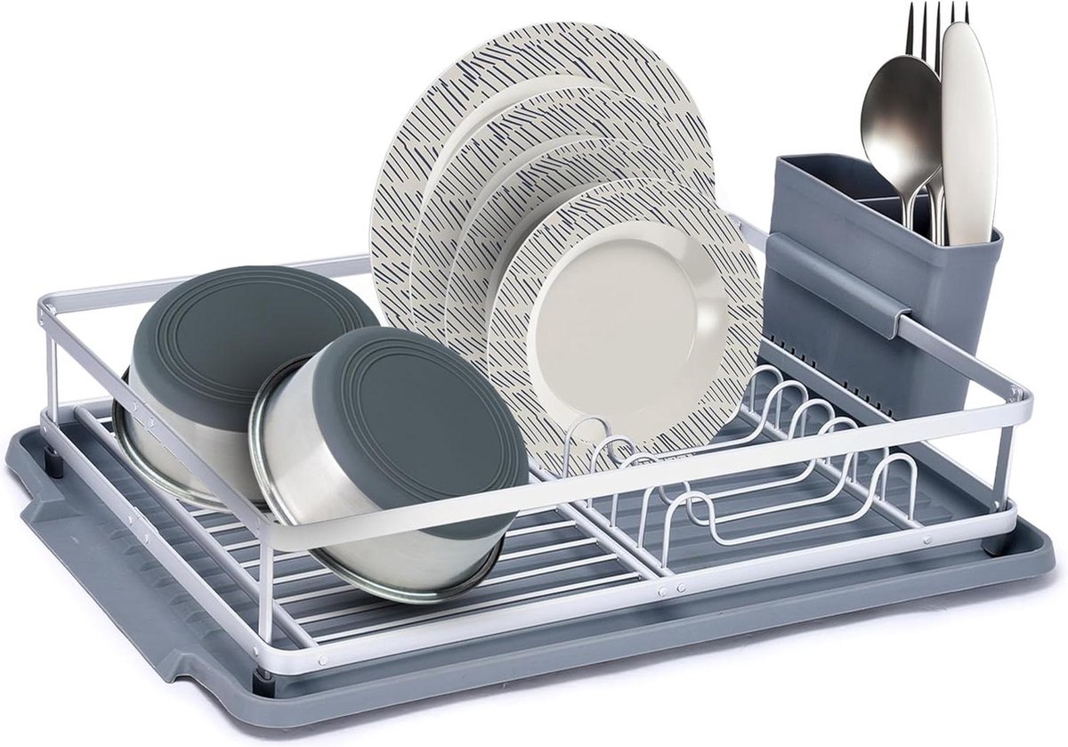 Goedkoopste Afdruiprek compact roestvrij aluminium frame - bestekhouder - ruimte voor 9 borden kopjes kommen - blauw