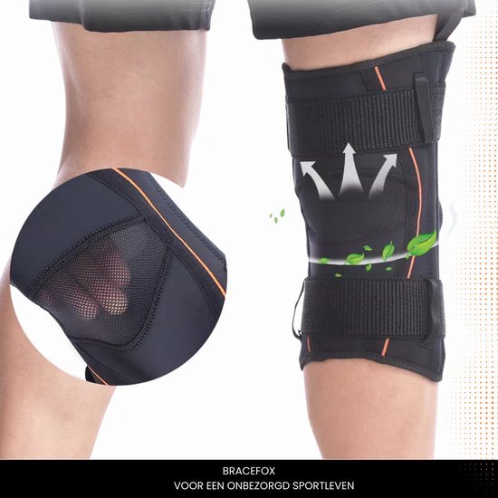 Zwarte kniebrace met oranje accenten, klittenbandsluitingen en een opening voor de patella. Een detail toont de mesh voering.