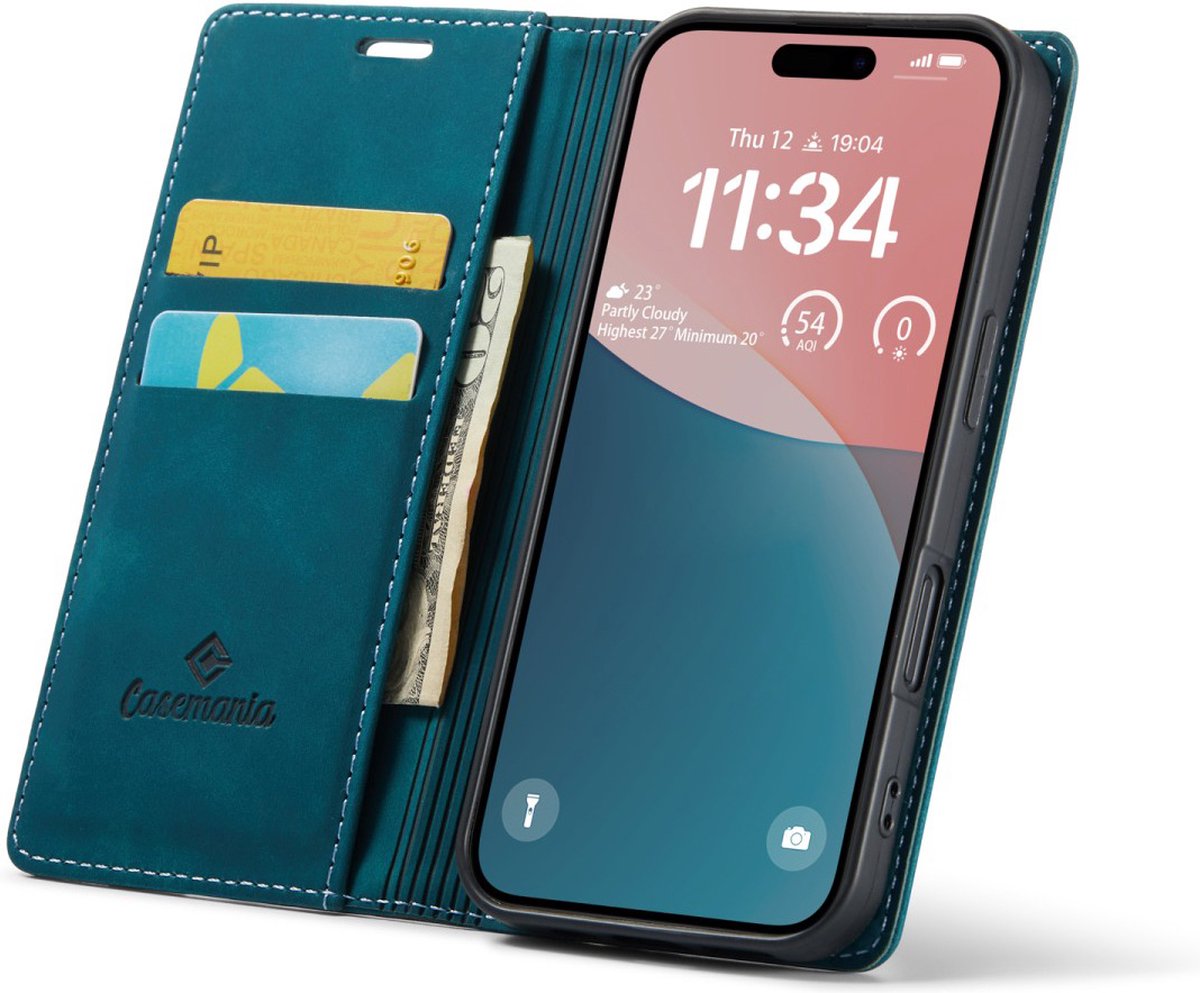CaseMania Bookcase hoesje geschikt voor iPhone 16 - Effen Groen - Kunstleer