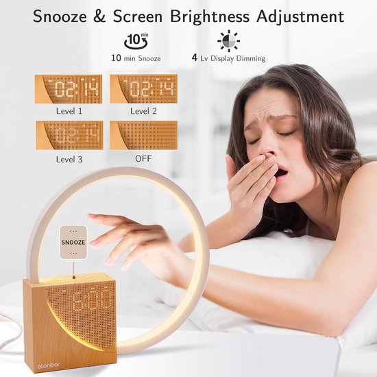 Led-bedlampje met Wekker, USB-oplaadaansluitingen, Touchscreen, Dimbaar, Wake-up light met Twee Alarmen, 10 Natuurlijke Geluiden voor Volwassenen en Kinderen, 3 Helderheidsniveaus voor Slaapkamer