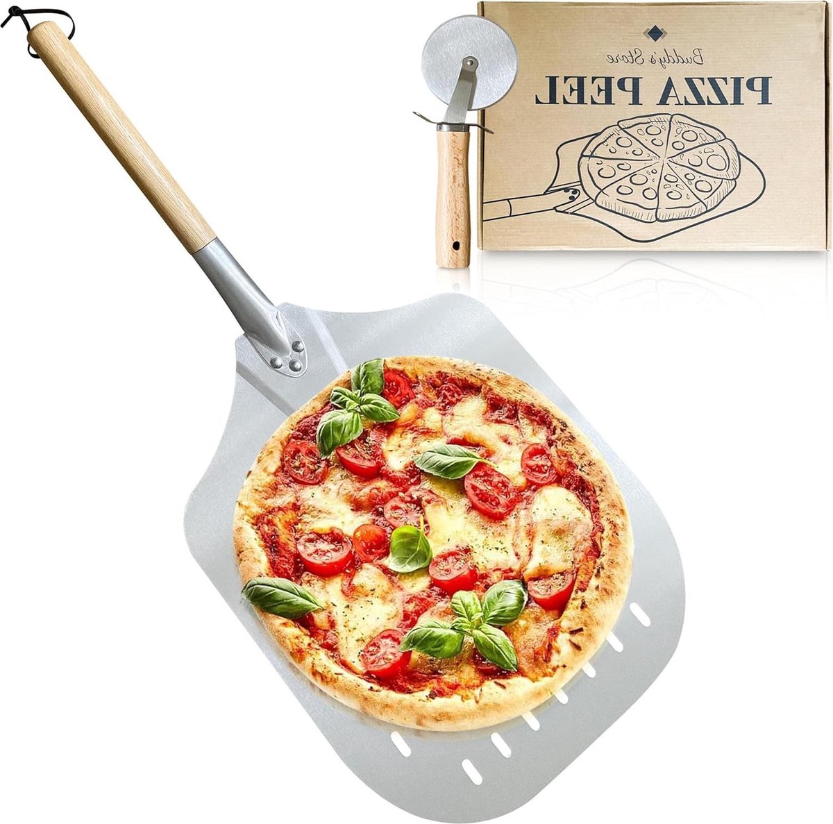Pizzaschep geperforeerd aluminium afneembare houten handgreep 355 x 305 cm totale lengte 628 cm. Pizzaschep