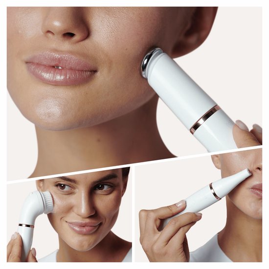 Collage: Vrouw gebruikt Braun FaceSpa Pro, gezicht reinigen met borstel, en op haar neus.