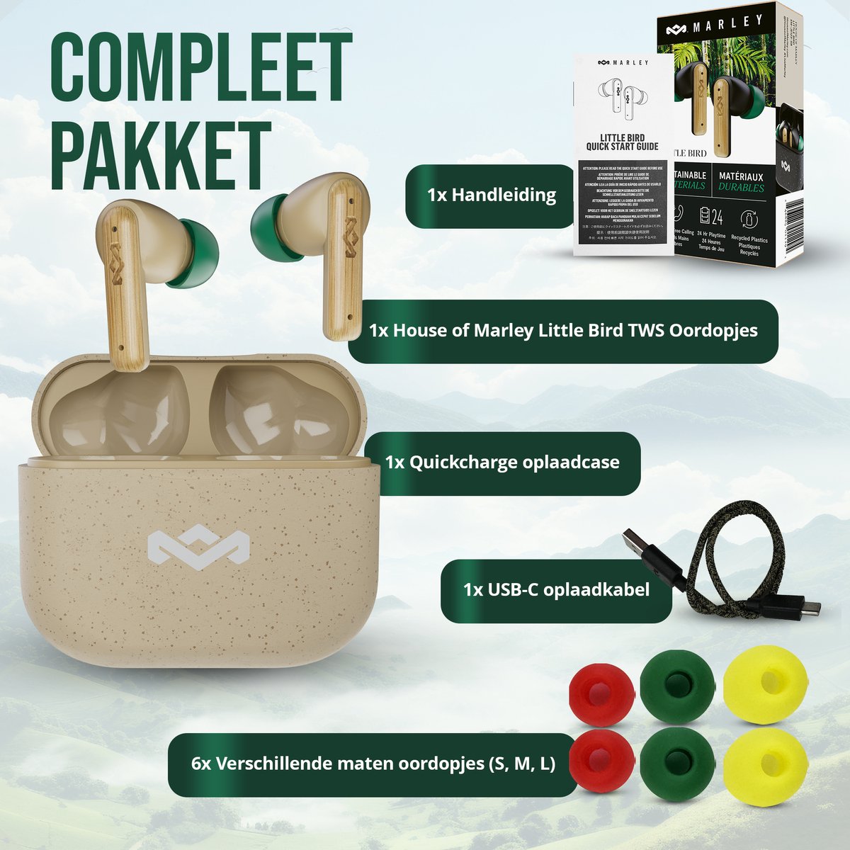 House of Marley Little Bird Oortjes Draadloos - 24 uur Batterijduur - Draadloze Oordopjes - Bluetooth - Eco Friendly Design - Quickcharge - Touchbediening - Cream – foto 5