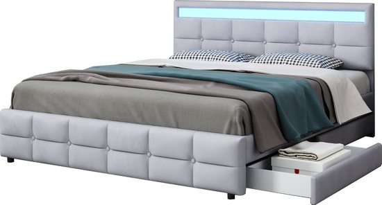 BRYXR Bed 180 x 200, gestoffeerd tweepersoonsbed met led-hoofdeinde, USB-oplaadfunctie en lattenbodem, 4 praktische laden en stijlvol design, ideaal voor tienerbed en moderne ruimtes, zonder matras
