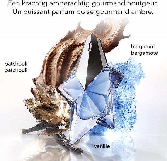 Blauwe sterparfumfles omringd door hout, goudkleurig blad, vanille en blauwe elementen.
