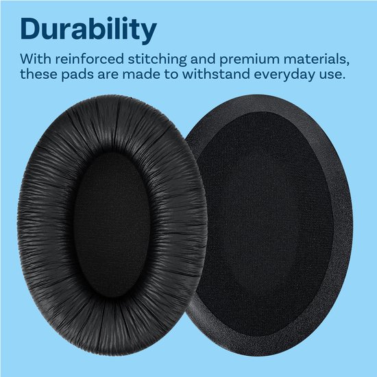 Zwarte oorkussens en een stoffen binnenkant met de tekst "Durability" en "With reinforced stitching and premium materials, these pads are made to withstand everyday use."