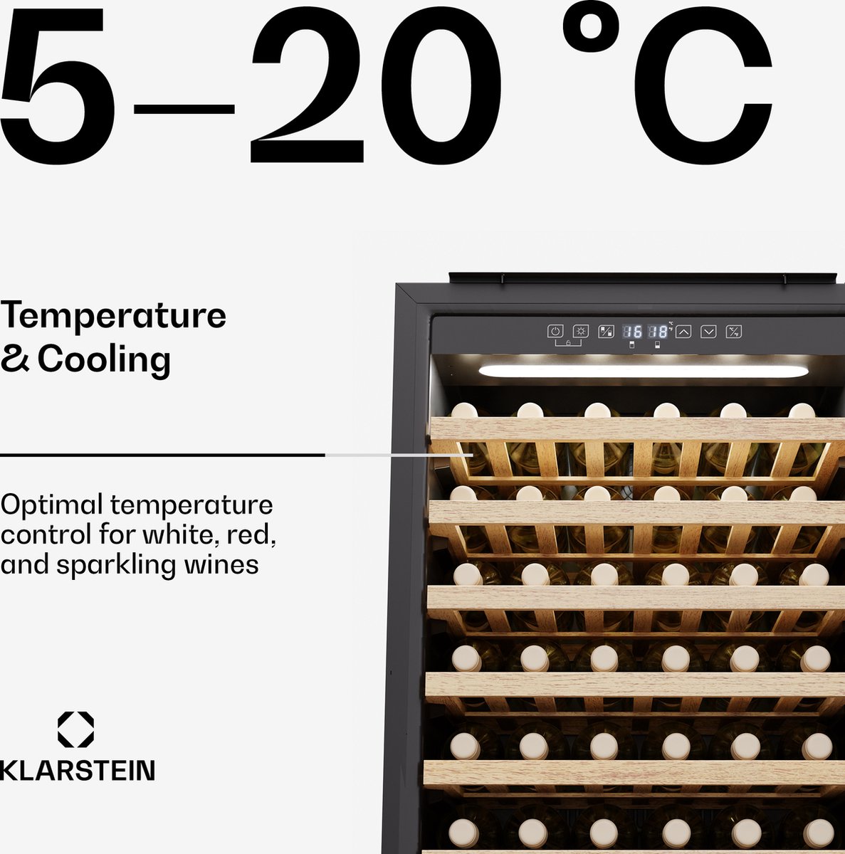 Klarstein Wijnkoeler Rhone 59 Uno - 59 flessen, 1 zone, 5-20 °C, LED-bediening, UV-bescherming, stille werking, zwart - Wijnkoelkast - 152L 38 dB - voor Wijnliefhebber voor Bar - Glazen Deur Houten Schappen - Wijnklimaatkast - Wijnkast