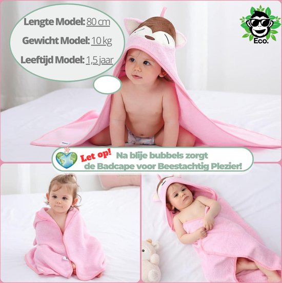 BoefieBoef Vos Baby Badcape - Eco Bamboe Katoen Kinder Handdoek - Badponcho - Peuter Badjas - Kleuter Strandlaken - 0 tot 5 jaar - Dieren 75x75 - Roze - Jongens en Meisjes - Badstof - Perfect Kerst- en Kraamcadeau - omslagdoek van BoefieBoef — afbeelding 3