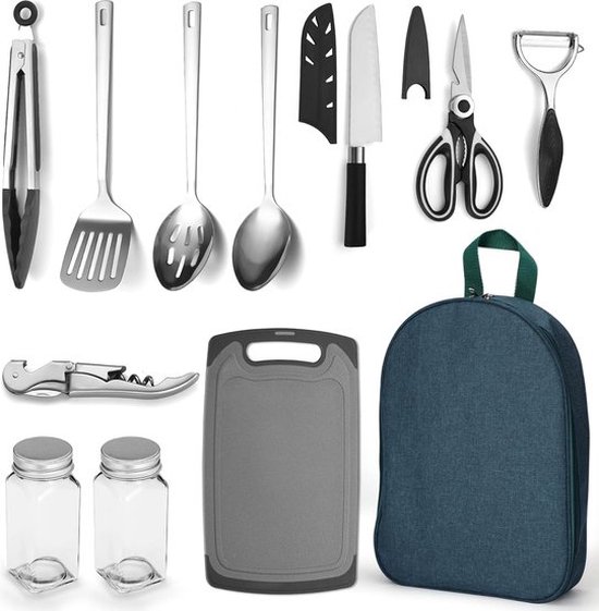 EHIOG Campingservies, 13-delig, campingkookgerei, campingpan, lepel van roestvrij staal, klapmes en vork, campingserviesset voor 1-2 personen, voor outdoor, koken, wandelen, picknick