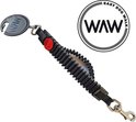 Zwarte schokdemper riem met rode knop en 'WAW EASY DOG WALK' logo.