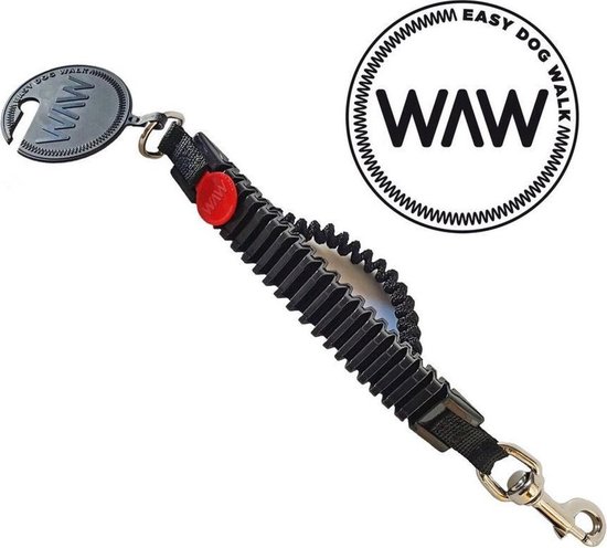 Zwarte schokdemper riem met rode knop en 'WAW EASY DOG WALK' logo.