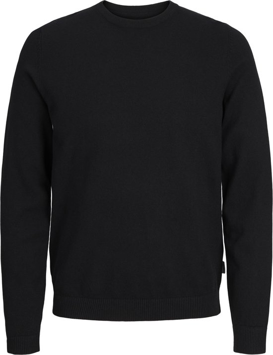 Un pull tricoté noir à col rond et manches longues, présenté sur un fond noir.