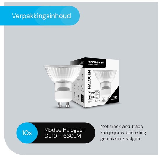 Verpakkingsinhoud: 10x GU10 42W 630LM halogeenlampen, 2700K warm wit.