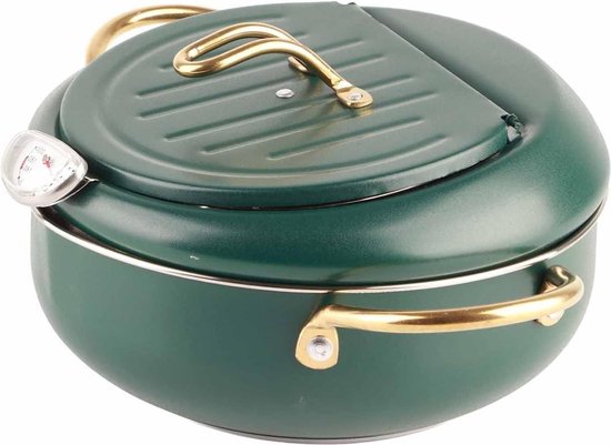 Friteuse in Japanse stijl met temperatuurweergave, roestvrij staal, donkergroene friteuses en deksel met olierooster, oliecapaciteit 3,4 l, 24 cm, donkergroen