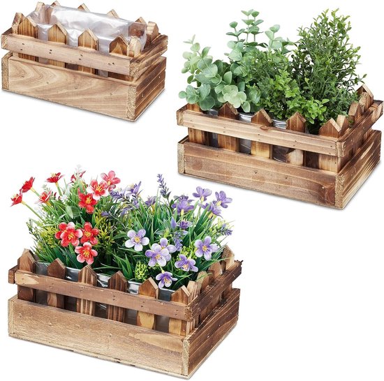 Relaxdays plantenbak hout, set van 3, voor vensterbank & balkon, klein, met folie, HBD: 8,5 x 19,5 x 11 cm, natuur