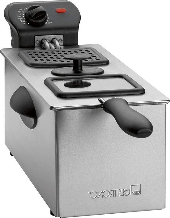 Clatronic Friteuse en acier inoxydable FR 3587, capacité 3 litres, 2000 watts, thermostat réglable en continu, poignées de transport isolées thermiquement, nettoyage facile, inox/noir