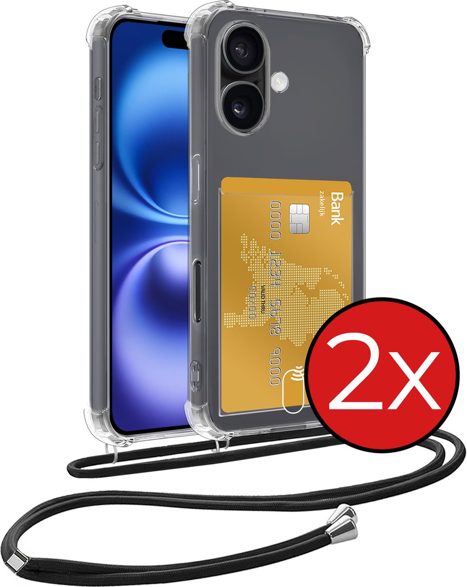Hoesje Geschikt voor iPhone 16 Plus Hoesje Met Telefoonkoord en Pasjeshouder Siliconen - Hoes Geschikt voor iPhone 16 Plus Hoesje Met Kaarthouder Shock Proof Case - Transparant - 2 PACK