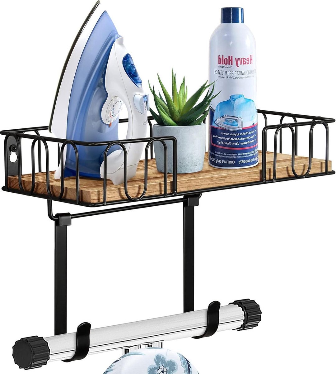 Goedkoopste Strijkplank Hanger Metalen Wandmontage - Wandmontage Ijzer- en Strijkplankhouder - Wasruimte Decor en Opslag - Grote Opslag Zwarte Houten Basismand met Verwijderbare Haken ophangsysteem strijkplank