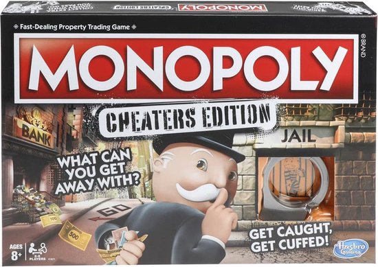 Monopoly Cheaters Edition bordspel met Mr. Monopoly voor de gevangenis en bank.