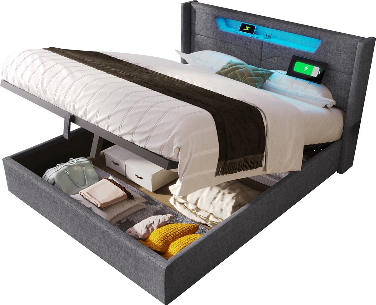 Merax Luxe Tweepersoonsbed 140x200 cm met USB Type-C Aansluiting en Opbergruimte - Gestoffeerd Hydraulische Bed - Grijs
