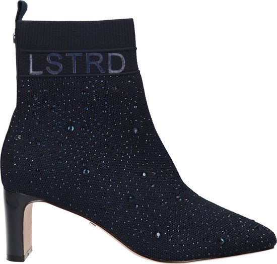 Bottine bleue avec des détails scintillants, logo 'LSTRD' et un talon bloc.