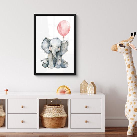 Affiche sous cadre - Cadre photo 40x60 cm - Posters - Éléphant - Bébé animal - Ballon rose - Cadre affiche noir - Décoration chambre - Décoration murale chambre enfant - Décoration murale chambre bébé