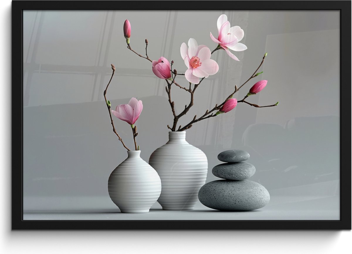 FrameYourWall Poster in lijst - Fotolijst 60x40 cm - Posters - Magnolia - Bloemen - Roze - Zen stenen - Posterlijst zwart - Wanddecoratie badkamer - Muurdecoratie WC - Decoratieve accessoires - Toilet muur decoratie Bloemen - Vaas