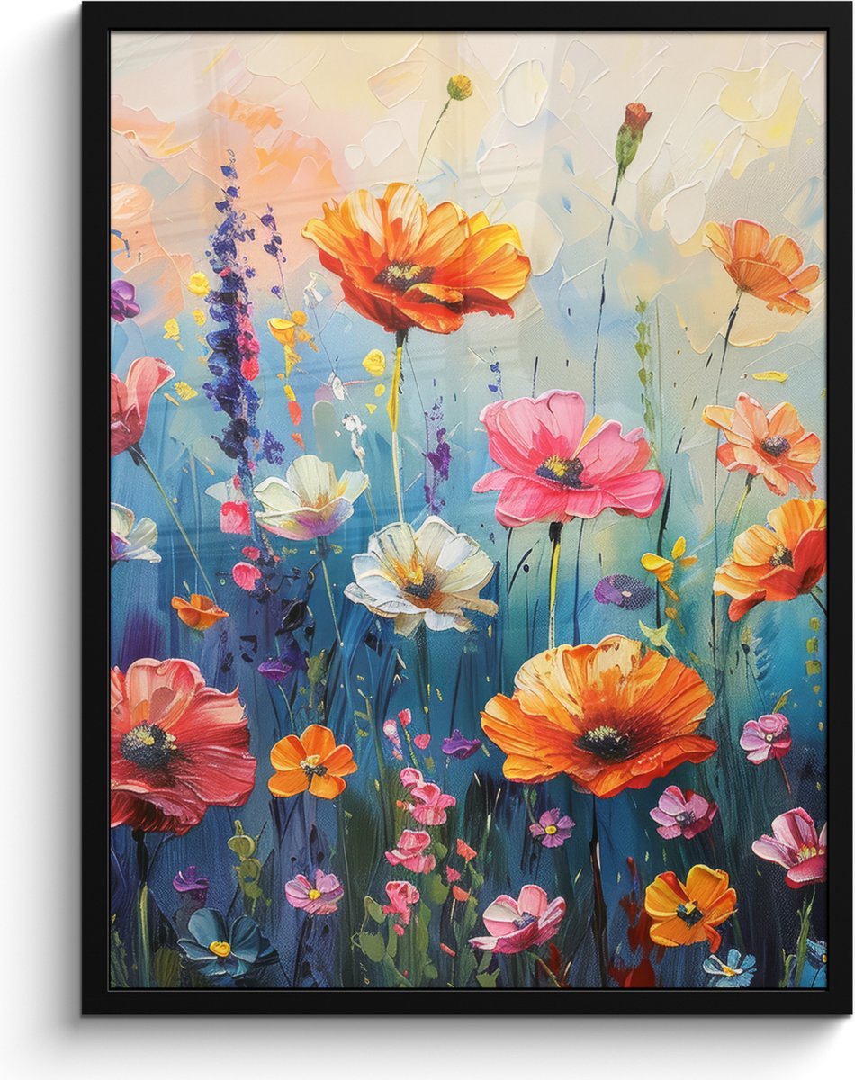 FrameYourWall Poster in lijst - Fotolijst 60x80 cm - Posters - Bloemen - Natuur - Waterverf - Kunst - Posterlijst zwart - Decoratie - Wanddecoratie woonkamer - Muurdecoratie slaapkamer Weidebloemen