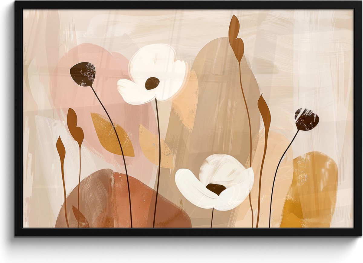 FrameYourWall Poster in lijst - Fotolijst 90x60 cm - Posters - Bloemen - Abstract - Beige - Line art - Posterlijst zwart - Decoratie - Wanddecoratie woonkamer - Muurdecoratie slaapkamer