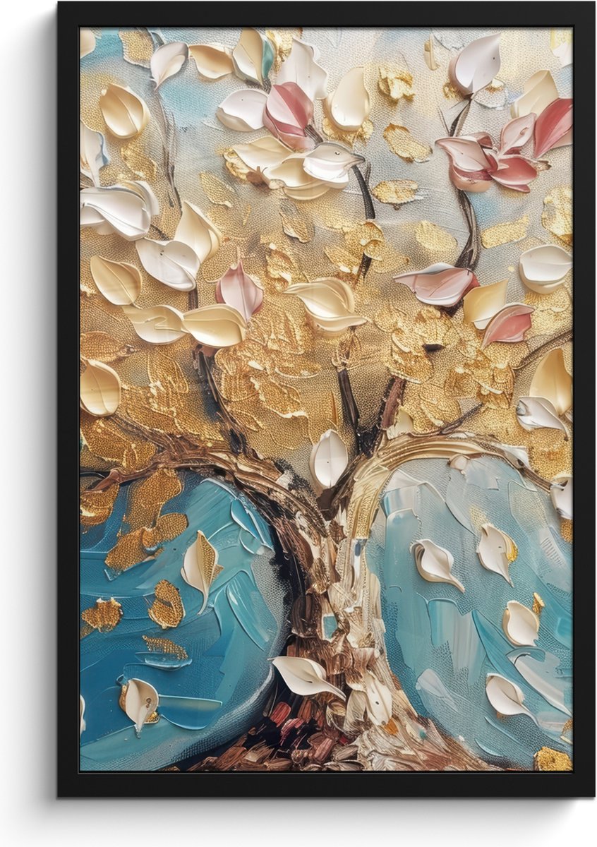 FrameYourWall Poster in lijst - Fotolijst 40x60 cm - Posters - Boom - Blauw - Goud - Abstract - Modern - Posterlijst zwart - Decoratie - Wanddecoratie woonkamer - Muurdecoratie slaapkamer Blauw - Goud - Wit
