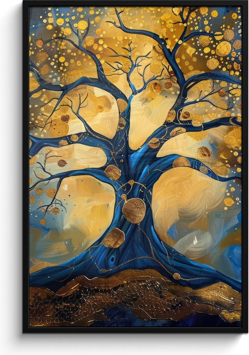 FrameYourWall Poster in lijst - Fotolijst 80x120 cm - Posters - Boom - Levensboom - Blauw - Goud - Posterlijst zwart - Decoratie - Wanddecoratie woonkamer - Muurdecoratie slaapkamer Goud - Blauw