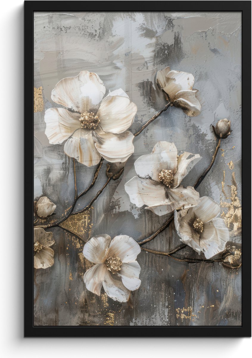 FrameYourWall Poster in lijst - Fotolijst 40x60 cm - Posters - Bloemen - Wit - Grijs - Goud - Luxe - Posterlijst zwart - Decoratie - Wanddecoratie woonkamer - Muurdecoratie slaapkamer
