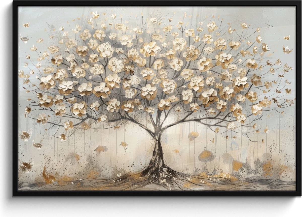 FrameYourWall Poster in lijst - Fotolijst 120x80 cm - Posters - Boom - Beige - Goud - Verflook - Grijs - Posterlijst zwart - Decoratie - Wanddecoratie woonkamer - Muurdecoratie slaapkamer Pastel - Goud
