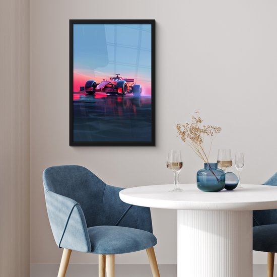 Une voiture de Formule 1 rouge sur une route mouillée au coucher du soleil, se reflétant dans l'eau, accrochée à un mur au-dessus d'une table à manger.