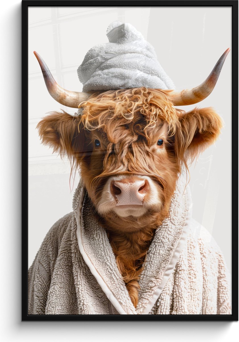 FrameYourWall Poster in lijst - Fotolijst 80x120 cm - Posters - Schotse hooglander - Badjas - Koe - Dieren - Posterlijst zwart - Wanddecoratie badkamer - Muurdecoratie WC - Decoratieve accessoires - Toilet muur decoratie