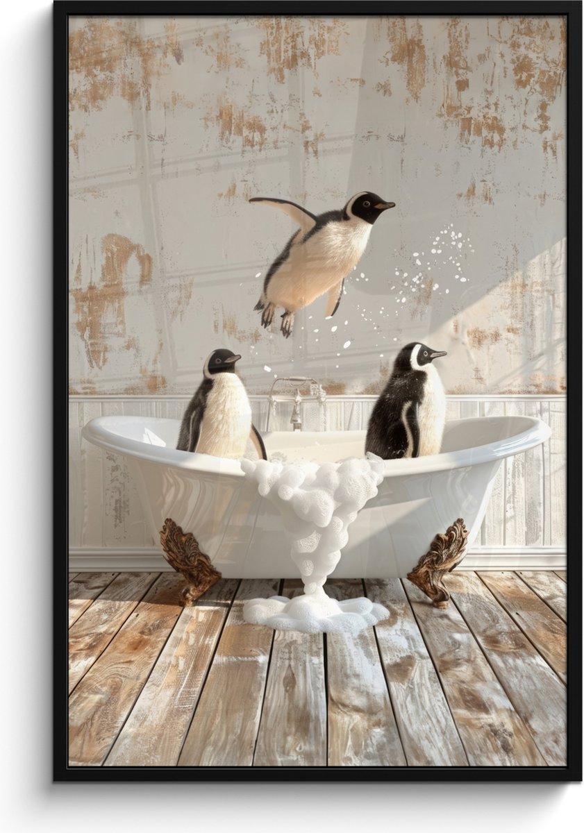 FrameYourWall Poster in lijst - Fotolijst 80x120 cm - Posters - Vintage - Pinguïn - Badkuip - Schuim - Posterlijst zwart - Wanddecoratie badkamer - Muurdecoratie WC - Decoratieve accessoires - Toilet muur decoratie Pinguïns - Badkuip