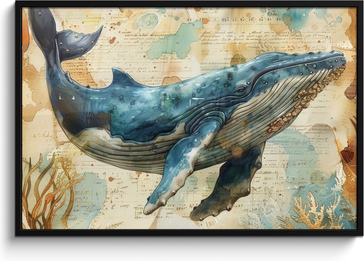 Poster in lijst - Fotolijst 120x80 cm - Posters - Vintage - Walvis - Watercolor - Blauw -
