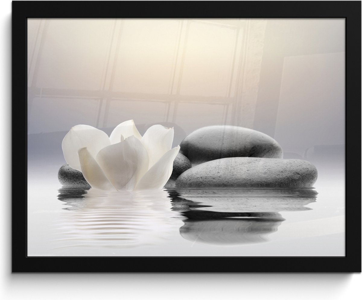 FrameYourWall Poster in lijst - Fotolijst 40x30 cm - Posters - Stenen - Lotus - Wit - Water - Zen - Posterlijst zwart - Wanddecoratie badkamer - Muurdecoratie WC - Decoratieve accessoires - Toilet muur decoratie Stenen - Bloem