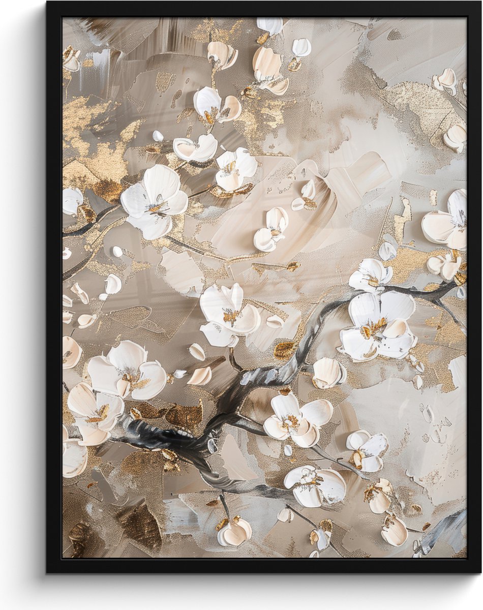 FrameYourWall Poster in lijst - Fotolijst 60x80 cm - Posters - Bloemen - Wit - Goud - Beige - Luxe - Posterlijst zwart - Decoratie - Wanddecoratie woonkamer - Muurdecoratie slaapkamer