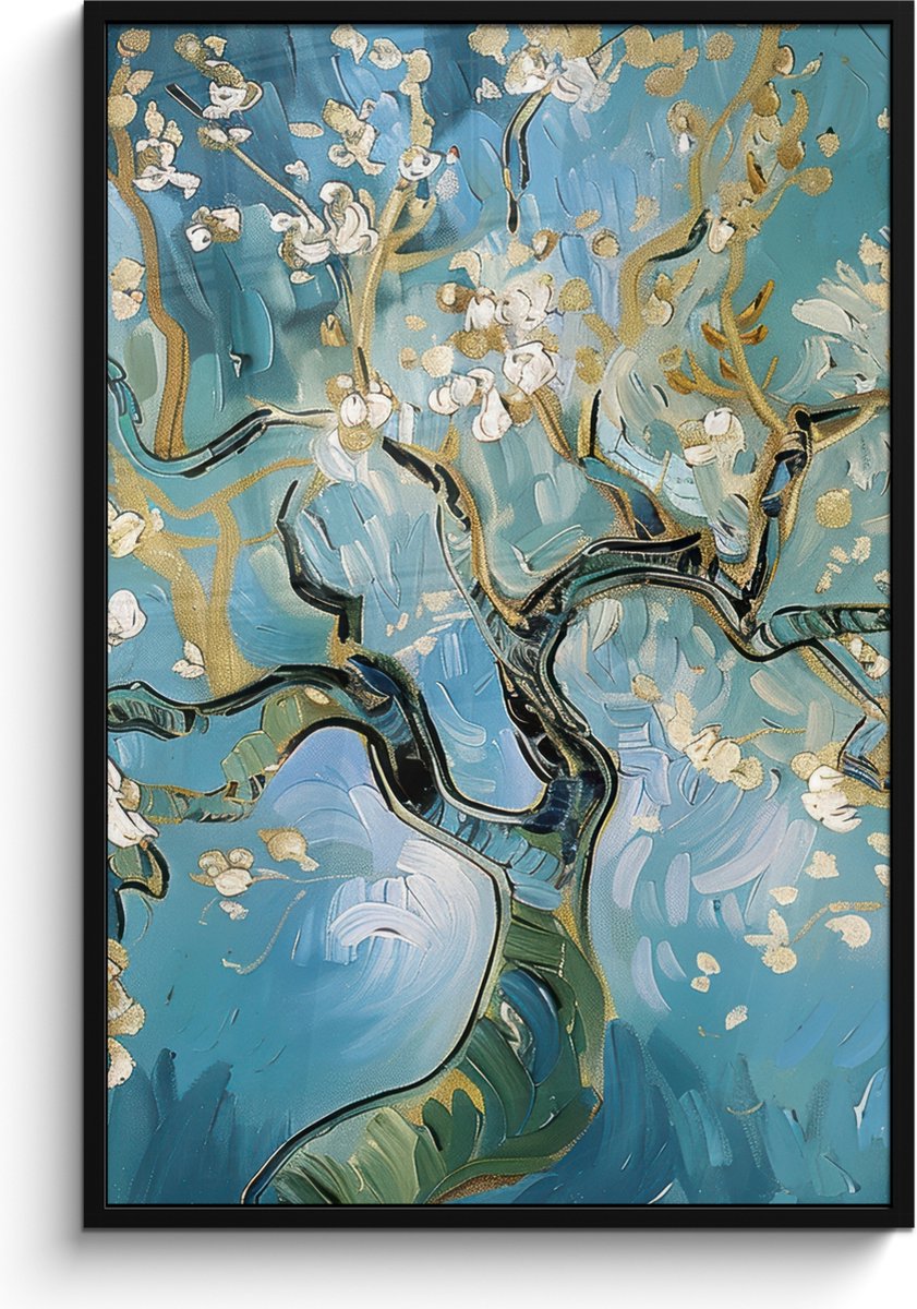 FrameYourWall Poster in lijst - Fotolijst 80x120 cm - Posters - Amandelbloesem boom - Blauw - Abstract - Posterlijst zwart - Decoratie - Wanddecoratie woonkamer - Muurdecoratie slaapkamer Blauw - Goud