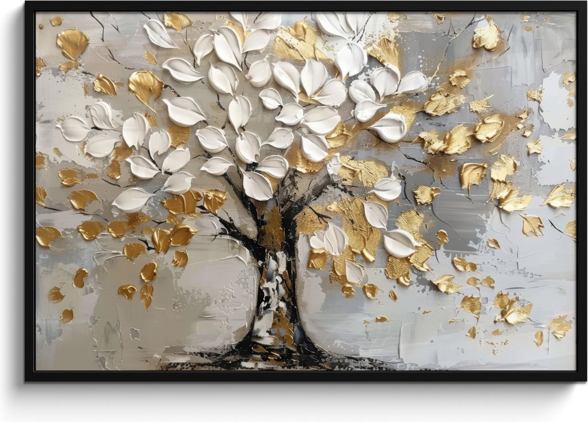 FrameYourWall Poster in lijst - Fotolijst 120x80 cm - Posters - Boom - Beige - Grijs - Goud - Abstract - Posterlijst zwart - Decoratie - Wanddecoratie woonkamer - Muurdecoratie slaapkamer