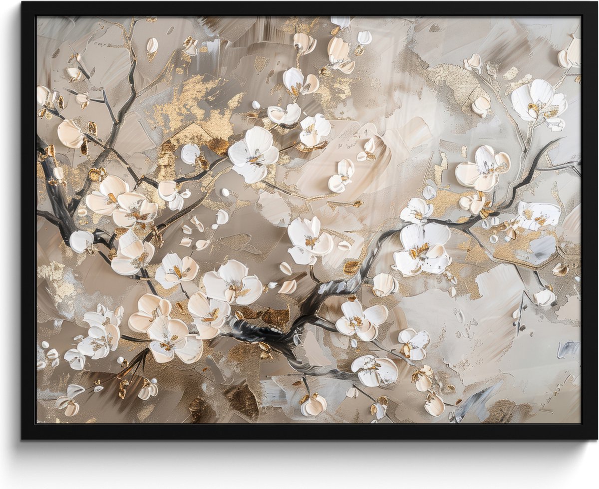 FrameYourWall Poster in lijst - Fotolijst 80x60 cm - Posters - Bloemen - Wit - Goud - Beige - Luxe - Posterlijst zwart - Decoratie - Wanddecoratie woonkamer - Muurdecoratie slaapkamer